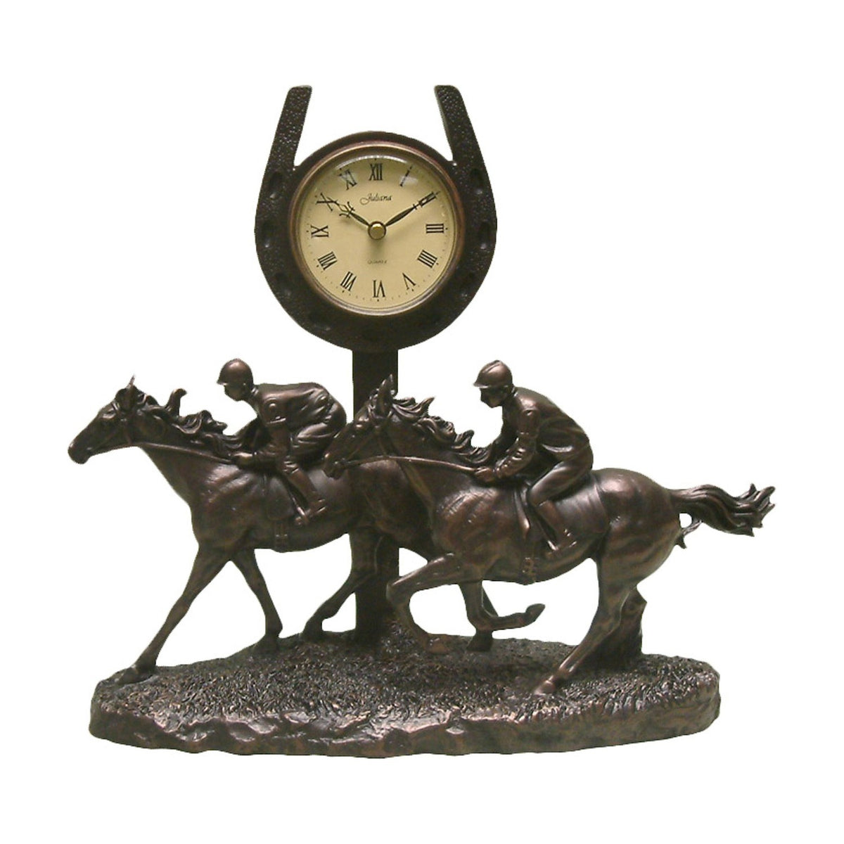 2 Horses Galloping Past Finish Post Resin Mantel Clock - Bronze