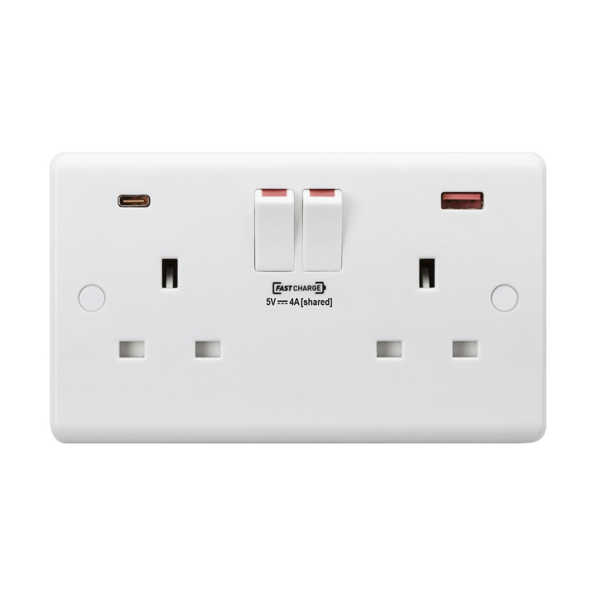 The 13A 2 Gang DP Switched Socket With Dual USB A+C (Rounded Edge) is a white electrical wall socket that includes two standard plug outlets, USB sockets, and a USB-C port. It features FASTCHARGE with QC3.0 technology, making it ideal for multiple devices.
