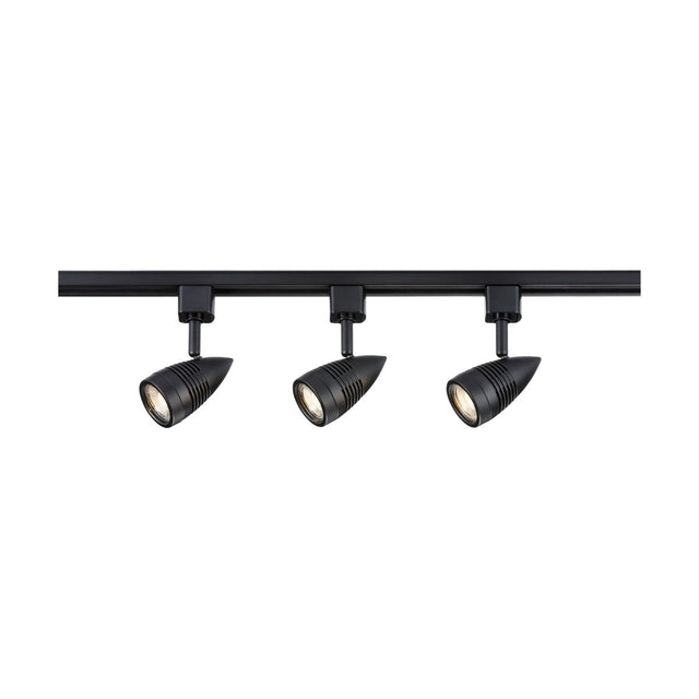 Introducing the Track Lighting Kit 1m - Black: This kit features a sleek black fixture with three adjustable GU10 track spotlights, all evenly aligned along the horizontal rail. Each spotlight showcases a distinctive cone-shaped design and is angled downward for optimal illumination. The fixture is compatible with both Halogen and LED bulbs, set against a plain white background.