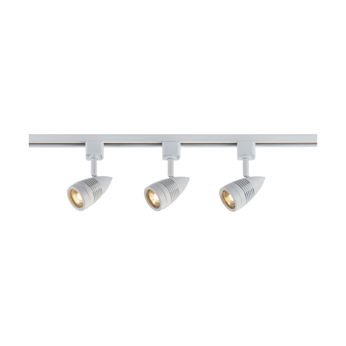 The Track Lighting Kit 1m - White features a trio of GU10 spotlights with cone-shaped fixtures, evenly positioned along a straight metal rail. When turned on, they cast a warm glow across the plain white backdrop. These 230V circuit track lights provide adjustable illumination suitable for any environment.