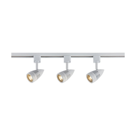 The Track Lighting Kit 1m - White features a trio of GU10 spotlights with cone-shaped fixtures, evenly positioned along a straight metal rail. When turned on, they cast a warm glow across the plain white backdrop. These 230V circuit track lights provide adjustable illumination suitable for any environment.