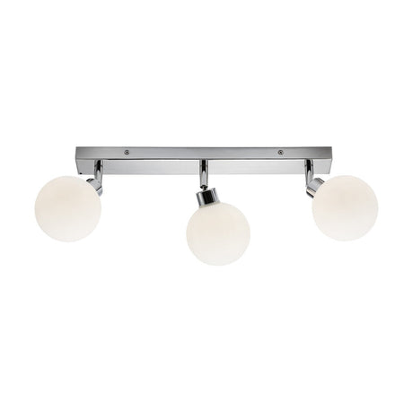 The Globe Bathroom Bar Spotlight - Chrome is a contemporary ceiling light fixture featuring opal glass orbs and a polished chrome finish, designed with three white spherical lampshades affixed to a sleek silver rectangular base for even lighting in modern interiors.