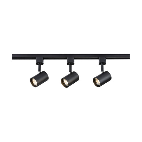 Introducing the Track Lighting Kit 1m in Black, featuring a sleek design with three adjustable cylindrical spotlights evenly distributed along the track. Each spotlight is compatible with halogen LEDs, emitting a bright glow directed downward.