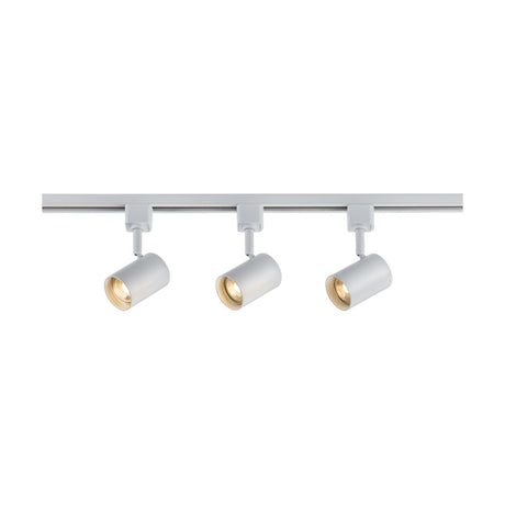 The Track Lighting Kit 1m - White is a modern system designed with three adjustable cylindrical spotlights arranged in a row. It features a white finish and emits warm light, offering a sleek and minimalist GU10 track spotlight fixture ideal for contemporary interiors.