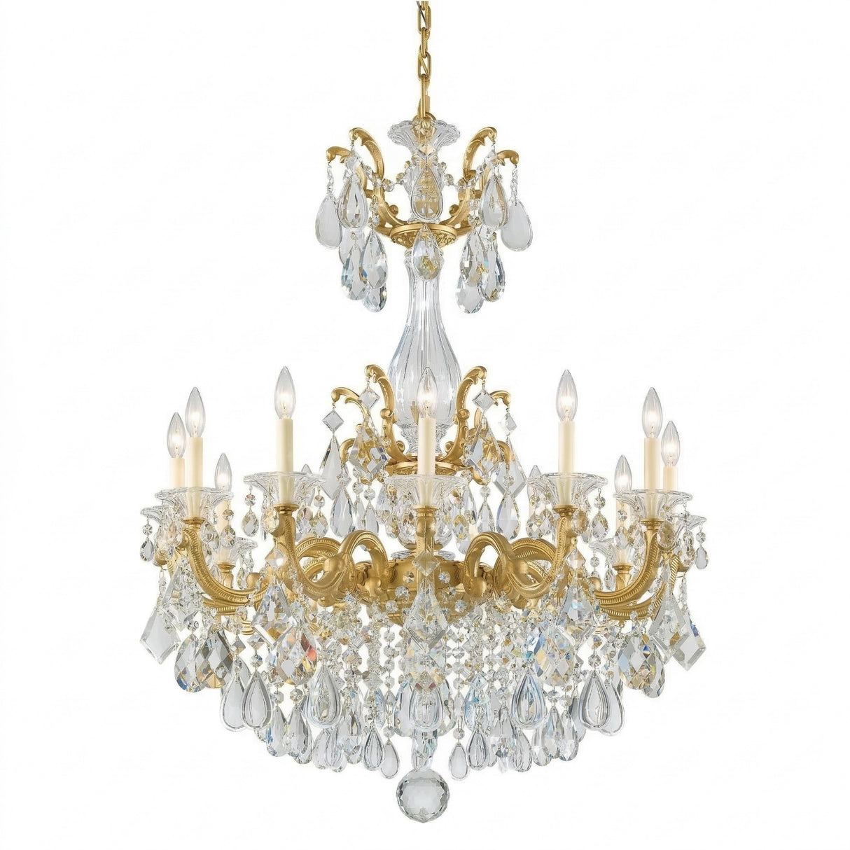 The Vienna 12 Light K9 Crystal Chandelier features multiple candle-style bulbs, ornate gold detailing, and hanging K9 crystal prisms, suspended by a gold chain against a white background.