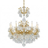 The Vienna 12 Light K9 Crystal Chandelier features multiple candle-style bulbs, ornate gold detailing, and hanging K9 crystal prisms, suspended by a gold chain against a white background.