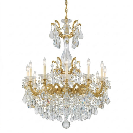 The Vienna 12 Light K9 Crystal Chandelier features multiple candle-style bulbs, ornate gold detailing, and hanging K9 crystal prisms, suspended by a gold chain against a white background.