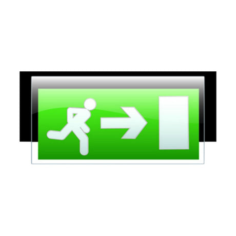 The Left/Right Facing Arrow for the EMSWING Range is a green emergency exit sign, constructed from durable polycarbonate, featuring a white figure running towards a door with an arrow indicating the direction. This sign is designed for clear visibility and reliability.
