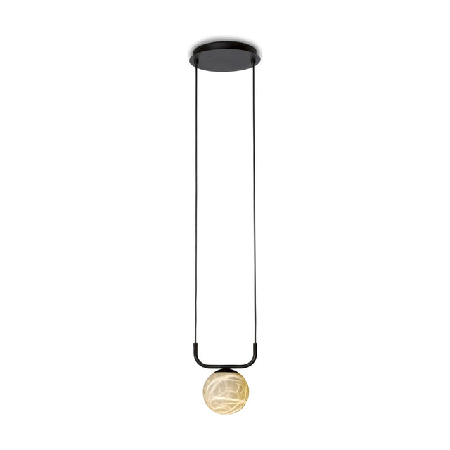 Halvessa LED Alabaster Dimmable Pendant Light in black, featuring a single alabaster globe beneath a black U-shaped bar on twin cables from a round ceiling canopy, shown on a plain white background.