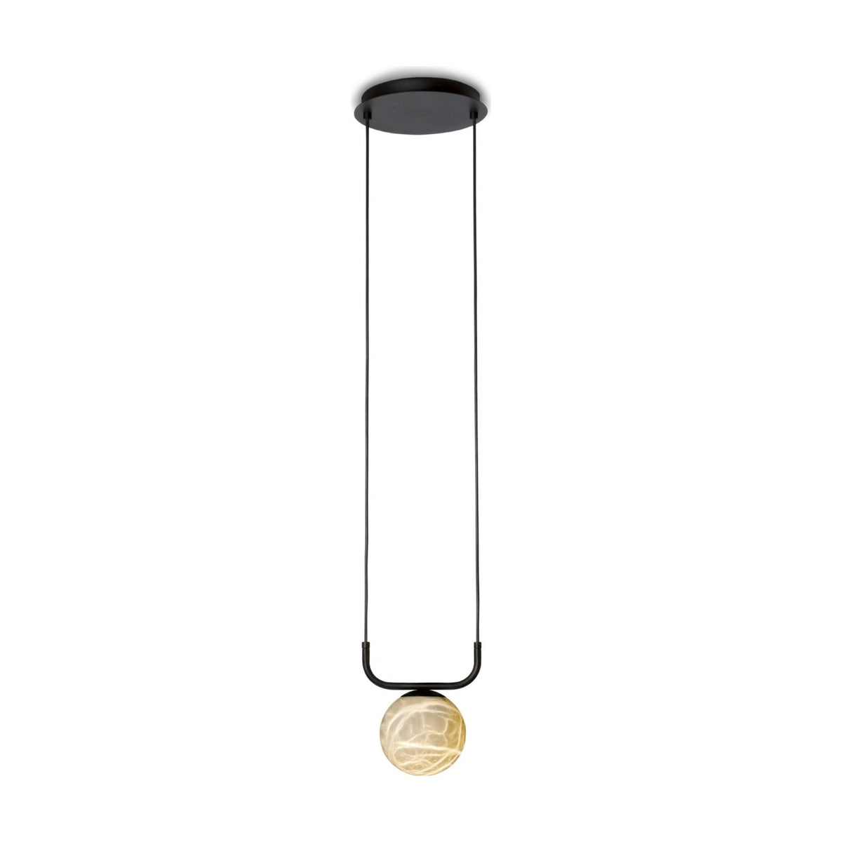 Halvessa LED Alabaster Pendant Light in black, showing a single marbled alabaster globe beneath a black U-shaped bar on twin cables from a round canopy, set against a plain white background.