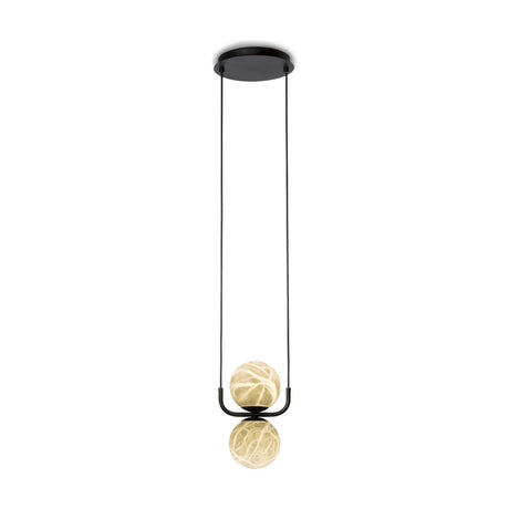 Halvessa LED 2 Light Alabaster Dimmable Pendant Light in black, with round ceiling canopy, twin cables, and U-shaped bracket holding two alabaster globes, shown on a plain white background.