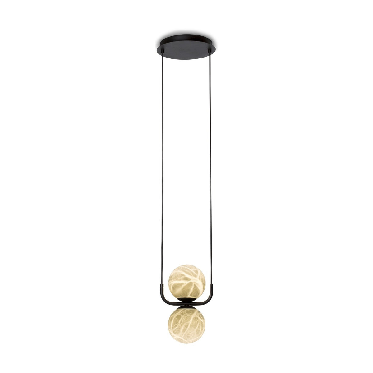 Halvessa LED 2 Light Alabaster Pendant Light in black, round ceiling canopy with two cables suspending a black U-shaped cradle holding two stacked alabaster globes, shown on a plain white background.