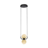 Halvessa LED 2 Light Alabaster Pendant Light in black, round ceiling canopy with two cables suspending a black U-shaped cradle holding two stacked alabaster globes, shown on a plain white background.