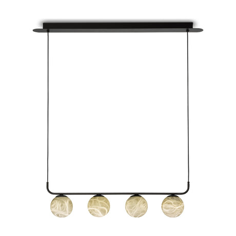 Halvessa LED 4 Light Alabaster Dimmable Pendant Light in black, four round alabaster globes with cloudy veining on a slim black iron bar, shown on a plain white background.