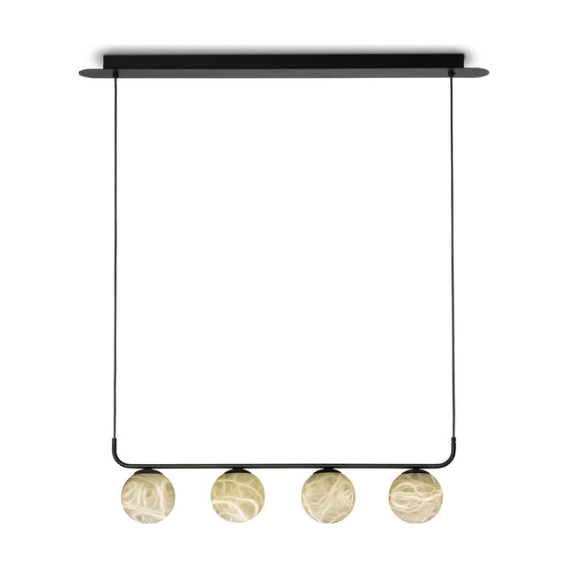 Halvessa LED 4 Light Alabaster Dimmable Pendant Light in black, four round alabaster globes with cloudy veining on a slim black iron bar, shown on a plain white background.