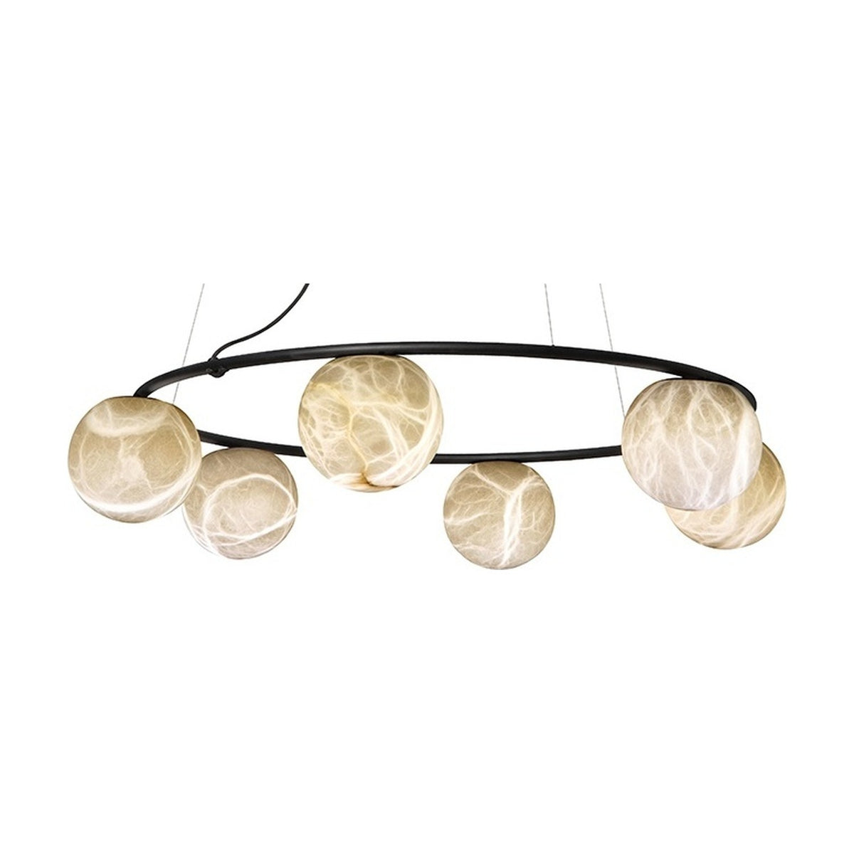 Halvessa LED 6 Light Alabaster Dimmable Chandelier in black, a circular ring fixture holding six textured alabaster globes at varied heights, shown on a white background.