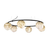 Halvessa LED 6 Light Alabaster Chandelier in black, a slim circular ring holding six veined alabaster globes of varying sizes, shown on a plain white background.