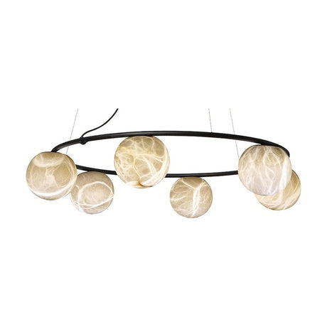 Halvessa LED 6 Light Alabaster Chandelier in black, a slim circular ring holding six veined alabaster globes of varying sizes, shown on a plain white background.