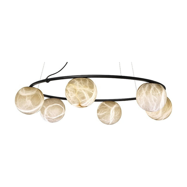 Halvessa LED 6 Light Alabaster Chandelier in black, a slim circular ring holding six veined alabaster globes of varying sizes, shown on a plain white background.
