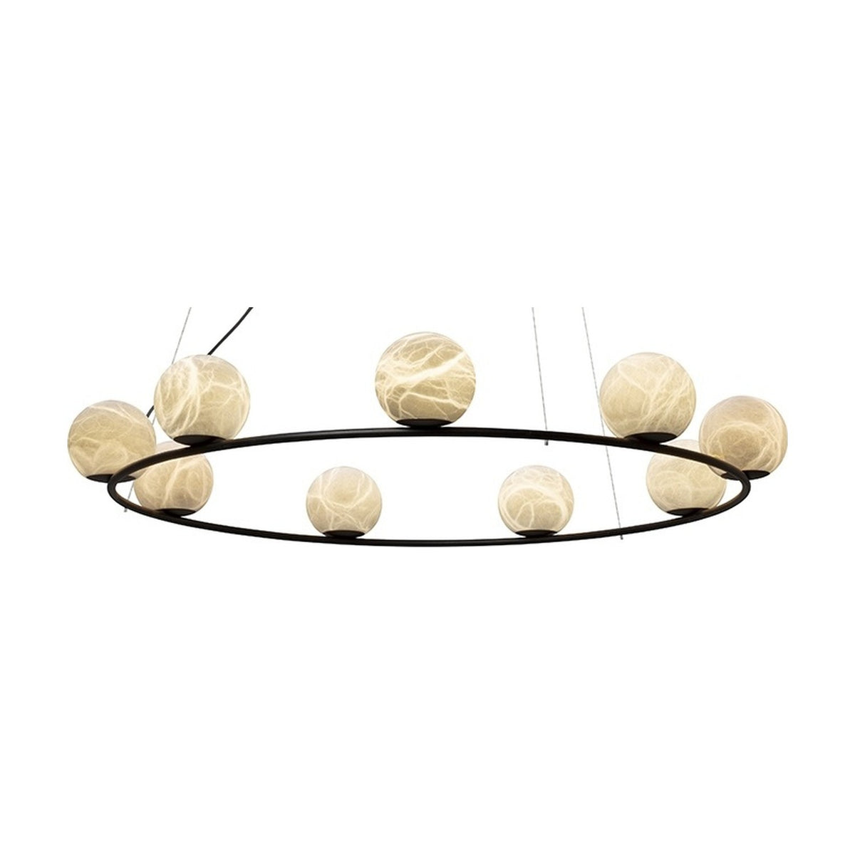 Halvessa LED 9 Light Alabaster Dimmable Chandelier in black, a slim circular iron hoop holding nine alabaster globes on fine suspension wires, shown on a plain white background.