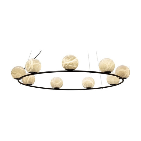 Halvessa LED 9 Light Alabaster Chandelier in black, a circular iron ring holding nine globe shades with soft veined texture, shown on a plain white background.