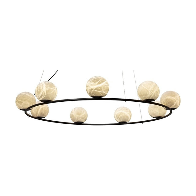 Halvessa LED 9 Light Alabaster Chandelier in black, a circular iron ring holding nine globe shades with soft veined texture, shown on a plain white background.