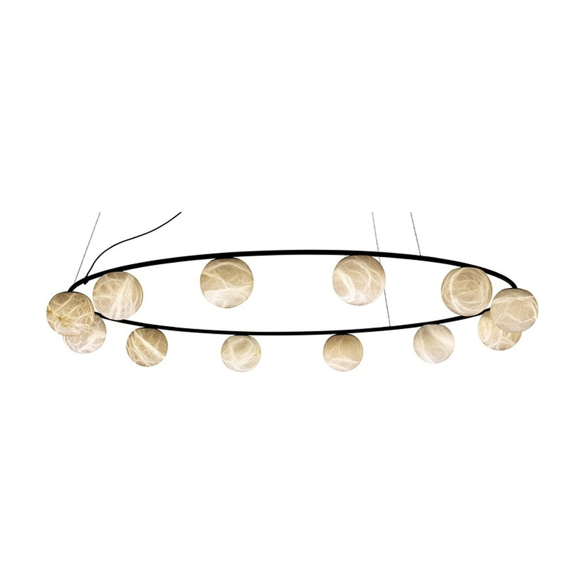 Halvessa LED 12-light chandelier with a slim black iron ring and round alabaster globes hanging beneath, shown on a plain white background.