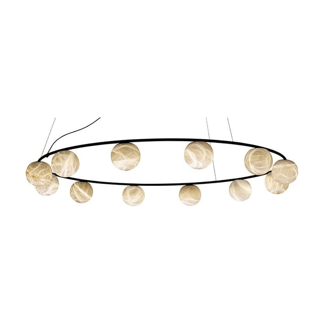 Halvessa LED 12-light chandelier with a slim black iron ring and round alabaster globes hanging beneath, shown on a plain white background.