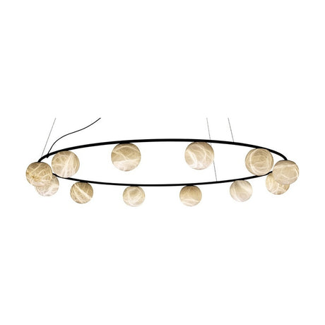 Halvessa LED 12 Light Alabaster Chandelier in black, a slim circular iron ring hung with round alabaster globes showing natural veining, set on a plain white background.