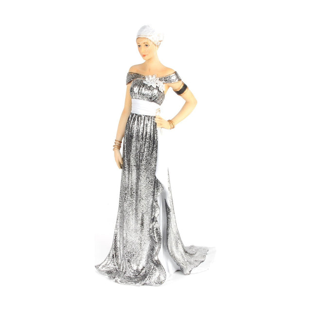 Charleston Alice handpainted resin lady figurine in silver, wearing an off-the-shoulder glittering gown with white sash, flower detail and headpiece, shown against a plain white background.