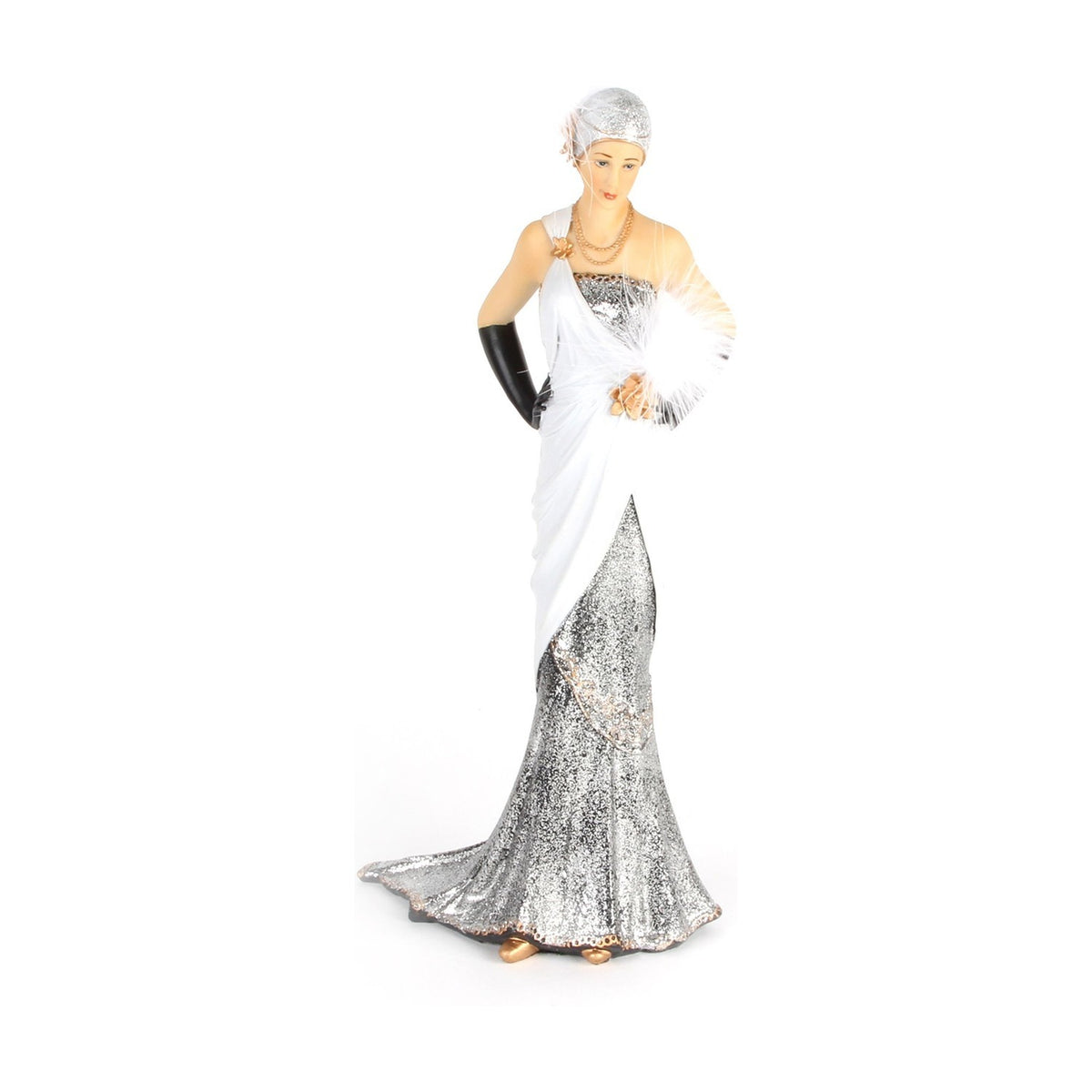 Charleston Margaret handpainted resin lady figurine in a silver glitter gown with white draped sash, black evening glove, and silver cap, on a plain white background.