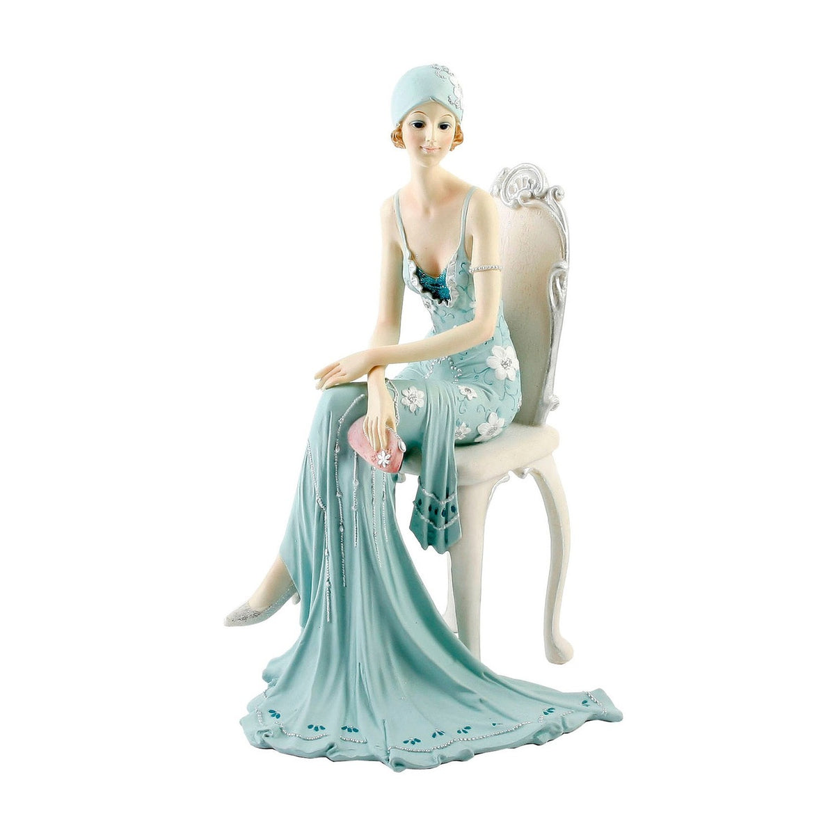 Lady Sitting on Chair Hands Crossed Resin Figurine - Teal
