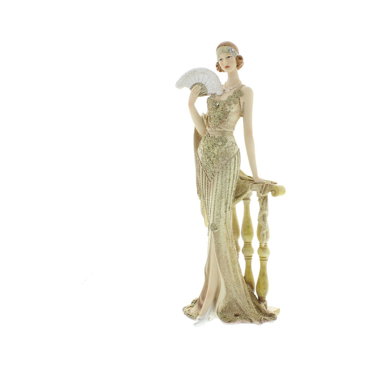 Octavia Lady Holding Fan Resin Figurine with Banister - Gold