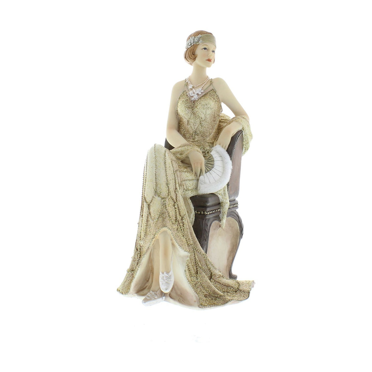 Gaynor Lady Sat Side on Chair Resin Figurine with Fan - Gold