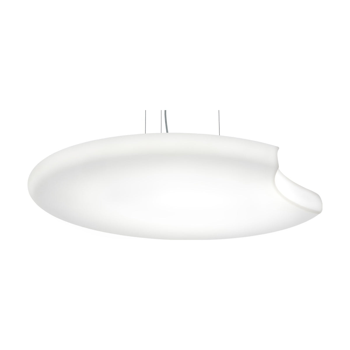 Moon LED Pendant Light in white, a wide shallow disc with a crescent-shaped notch cut into its rim, suspended on slim wires against a plain background.