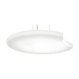 Moon LED Pendant Light in white, a wide shallow disc with a crescent-shaped notch cut into its rim, suspended on slim wires against a plain background.