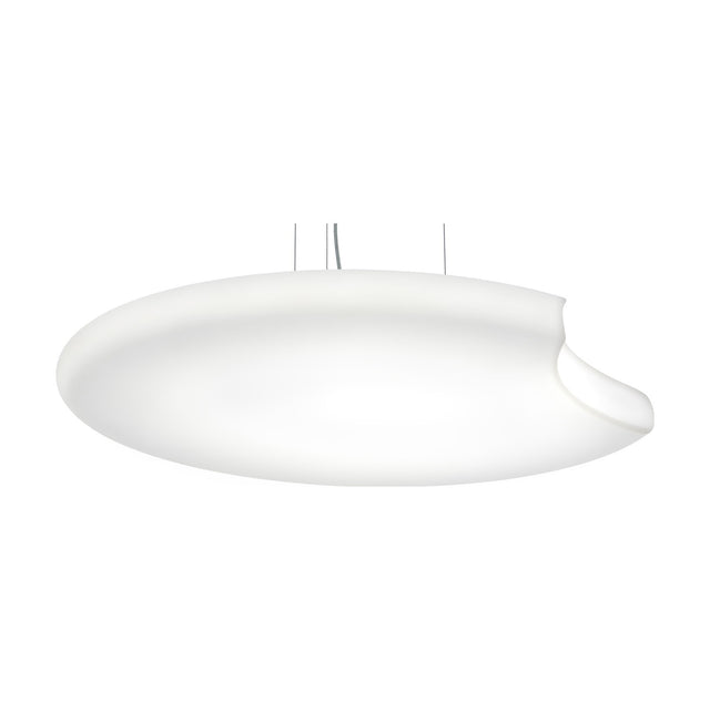 Moon LED Pendant Light in white, a wide shallow disc with a crescent-shaped notch cut into its rim, suspended on slim wires against a plain background.