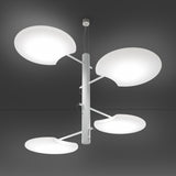 SuperMoon LED 4 Light Pendant Light in white, with a slim vertical stem, staggered arms, and round crescent-cut disc shades, shown against a dark grey background.