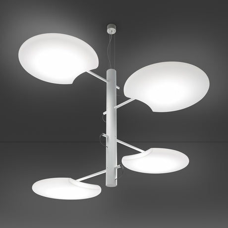SuperMoon LED 4 Light Pendant Light in white, with a slim vertical stem, staggered arms, and round crescent-cut disc shades, shown against a dark grey background.