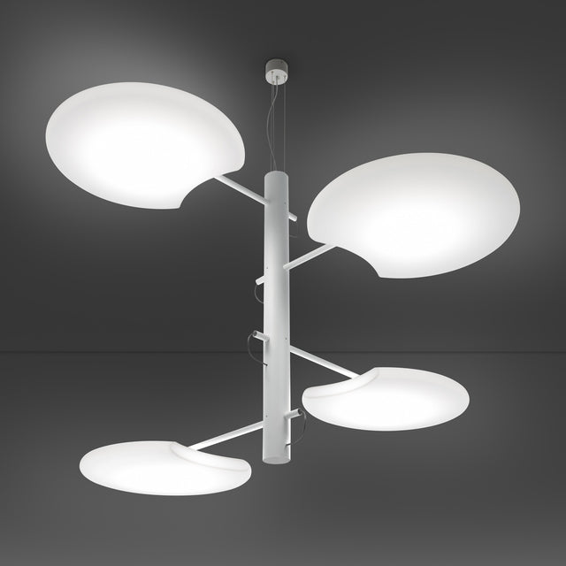 SuperMoon LED 4 Light Pendant Light in white, with a slim vertical stem, staggered arms, and round crescent-cut disc shades, shown against a dark grey background.