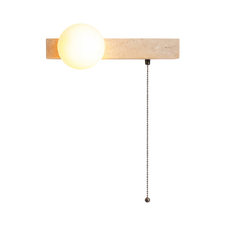 The Lunaro 1 Light Bar Travertine Wall Light With Pull Switch in light beige features a glowing round white bulb on a horizontal rectangular base, with a minimalist design and a long vertical pull switch.