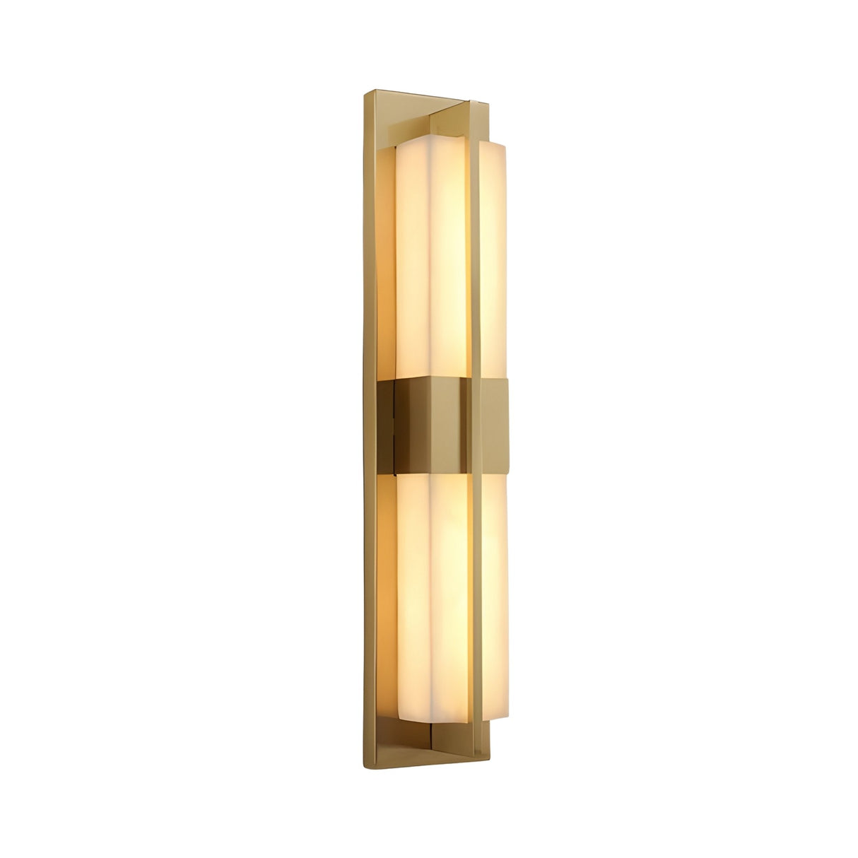 The Caldera LED Large Split-Core Alabaster Wall Light features a brushed brass frame, soft white alabaster panels in a vertical design, and emits warm light for a modern touch.
