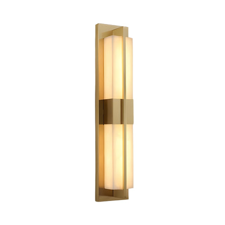 The Caldera LED Large Split-Core Alabaster Wall Light features a brushed brass frame, soft white alabaster panels in a vertical design, and emits warm light for a modern touch.