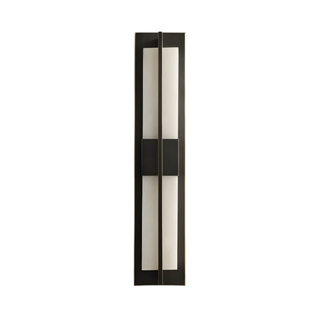 The Caldera LED Large Split-Core Alabaster Wall Light features a modern vertical matte black frame with a soft white panel, showcasing sleek minimalist design against a plain white background.