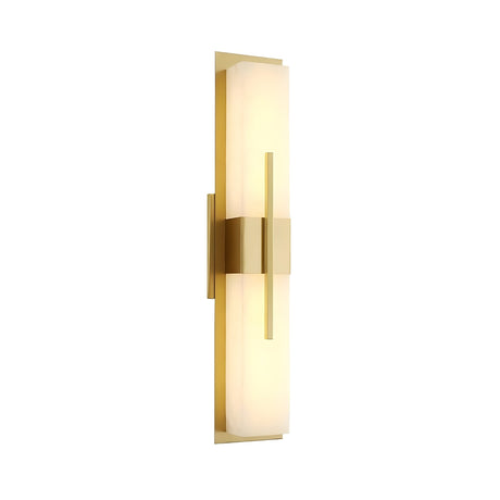 The Caldera LED Large Floating-Band Alabaster Wall Light features a vertical rectangular frosted glass shade framed by brushed brass, emitting a warm glow against a white background.