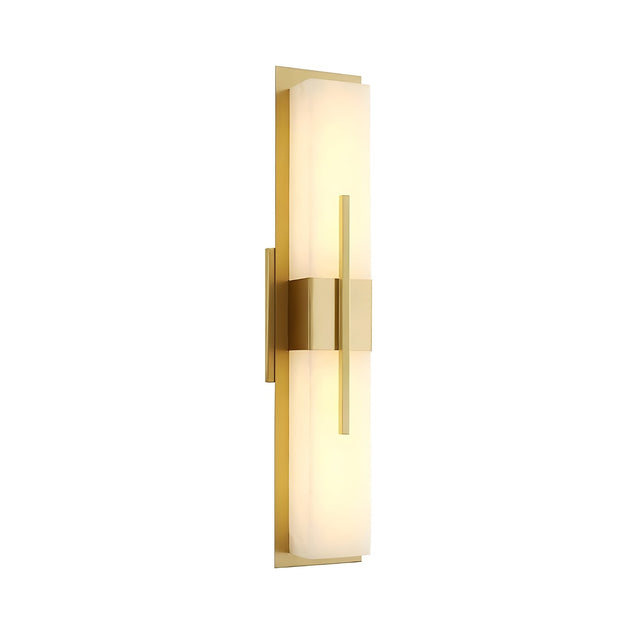 The Caldera LED Large Floating-Band Alabaster Wall Light features a vertical rectangular frosted glass shade framed by brushed brass, emitting a warm glow against a white background.