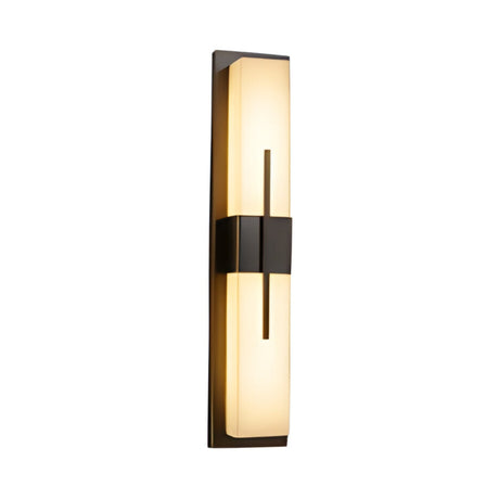 The Caldera LED Large Floating-Band Alabaster Wall Light in Matte Black & Soft White features a modern design with a rectangular alabaster shade, a dark horizontal metal accent, and a matching rectangular backplate.