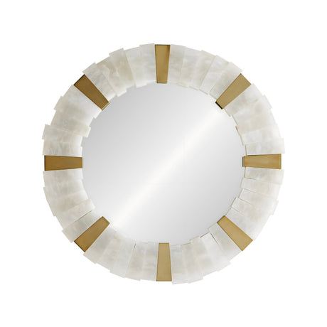 A round mirror with a decorative frame of layered white segments and four gold accents offers modern symmetry. Pair it with the Lumessa LED Alabaster Mirror Light in Brushed Brass & Soft White for an elevated, artistic look.