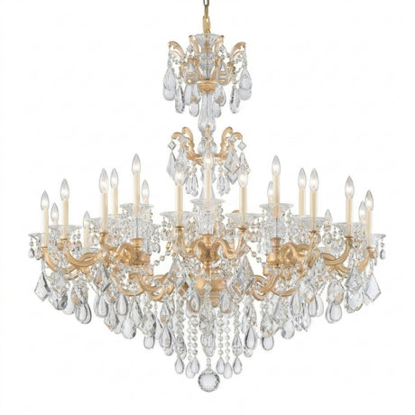 The Vienna 24 Light K9 Crystal Chandelier features multiple candle-style bulbs and hanging crystal ornaments, offering a luxurious, ornate look inspired by classic traditional chandeliers.