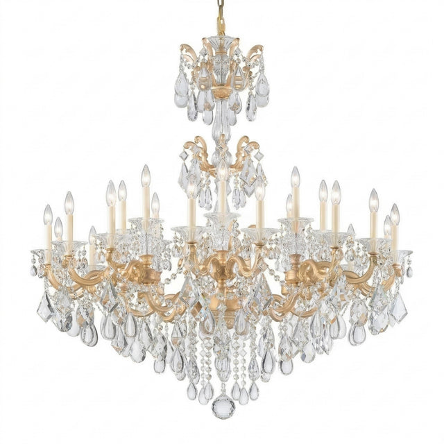 The Vienna 24 Light K9 Crystal Chandelier features multiple candle-style bulbs and hanging crystal ornaments, offering a luxurious, ornate look inspired by classic traditional chandeliers.